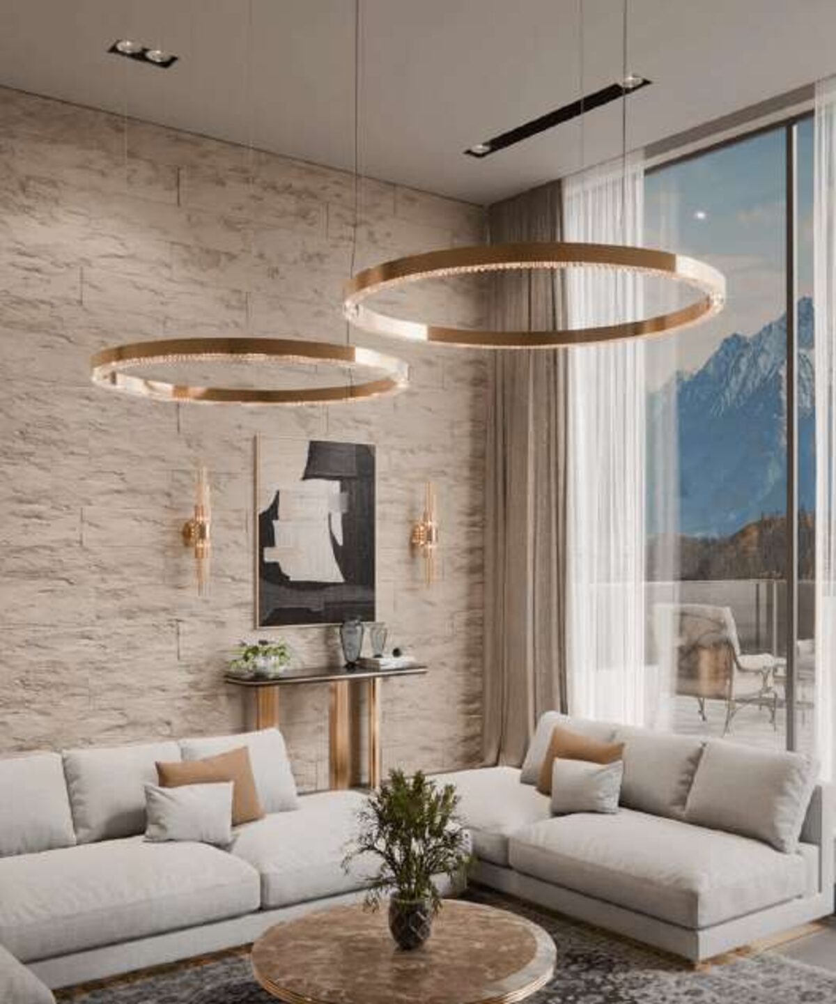 Brass ring pendants suspended over a modern living room.